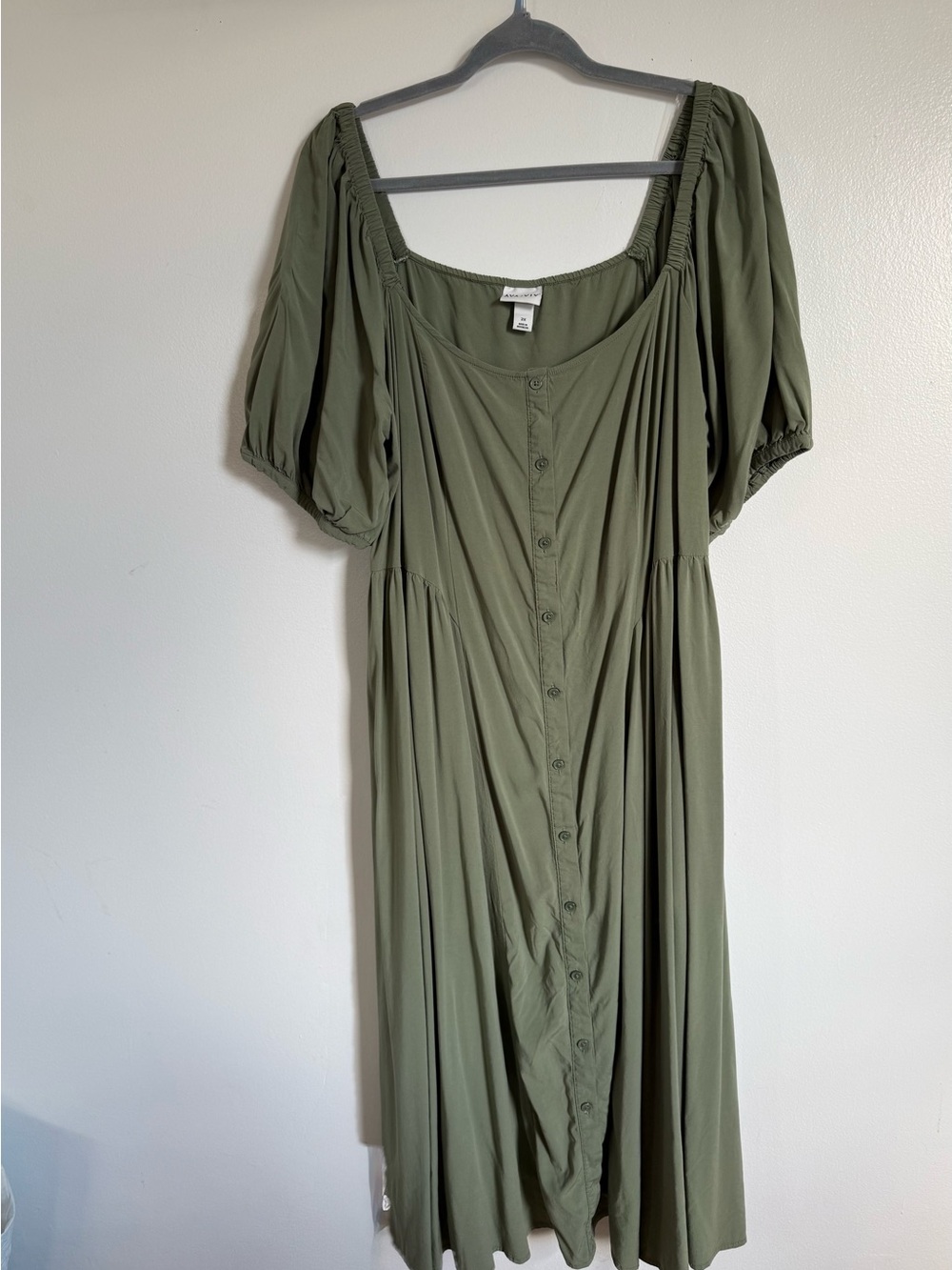 Ava & Viv Olive false Button-Front Midi with Puff Sleeves